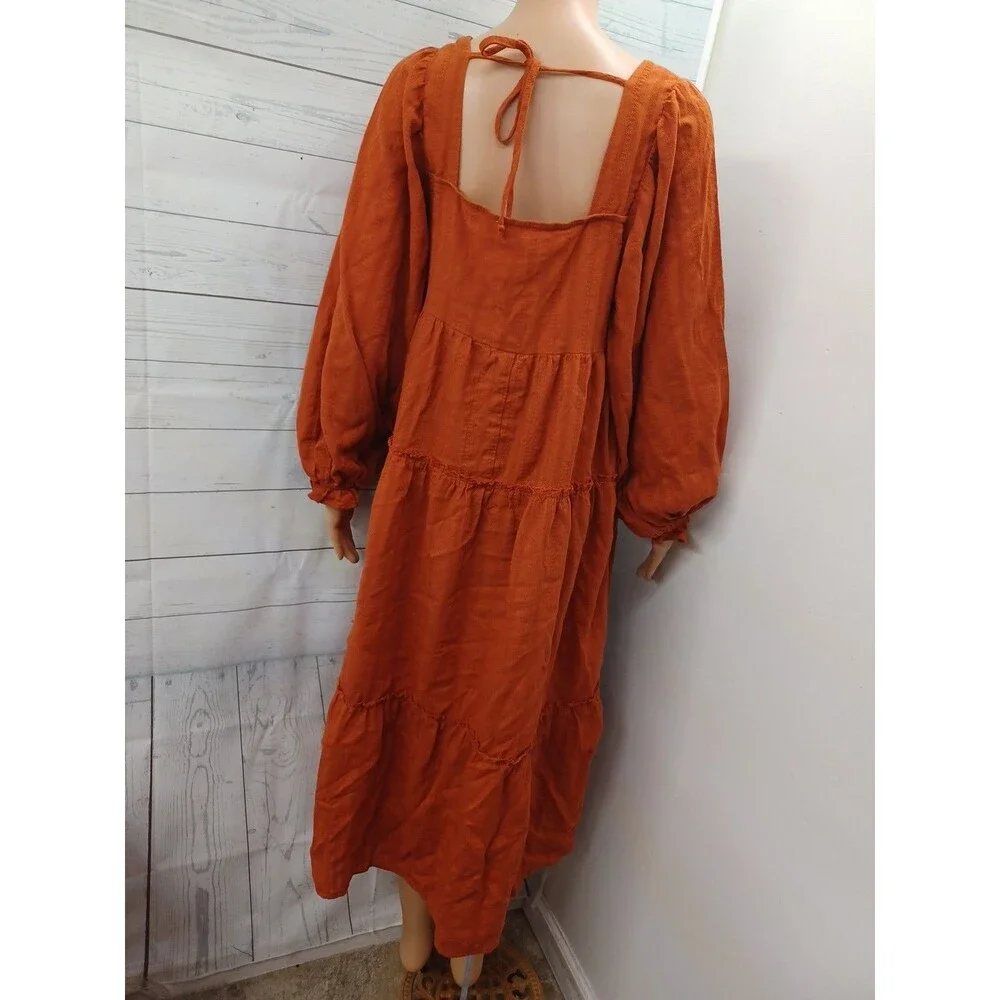 Square Neck Tiered Rust Orange Dress Sz M Long Sleeve Boho Distressed - Picture 4 of 6